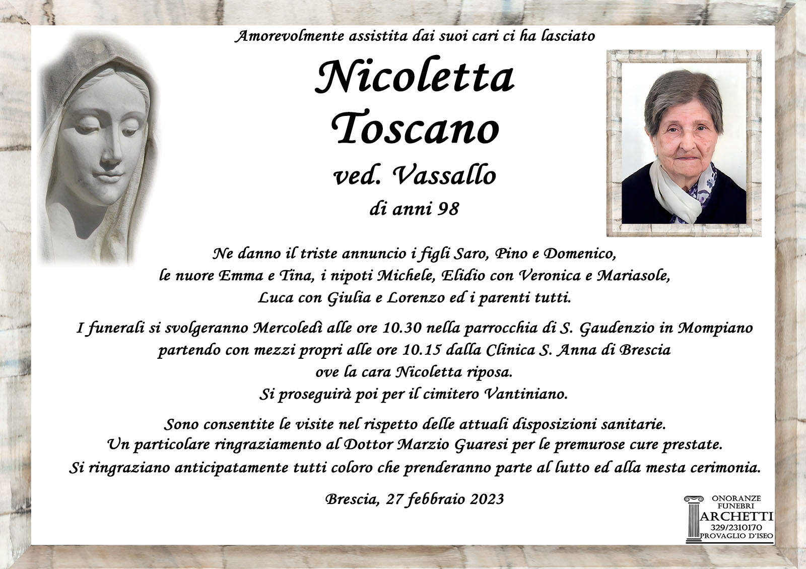 Onoranze Funebri Archetti - Nicoletta Toscano di anni 98 - 27 Febbraio 2023